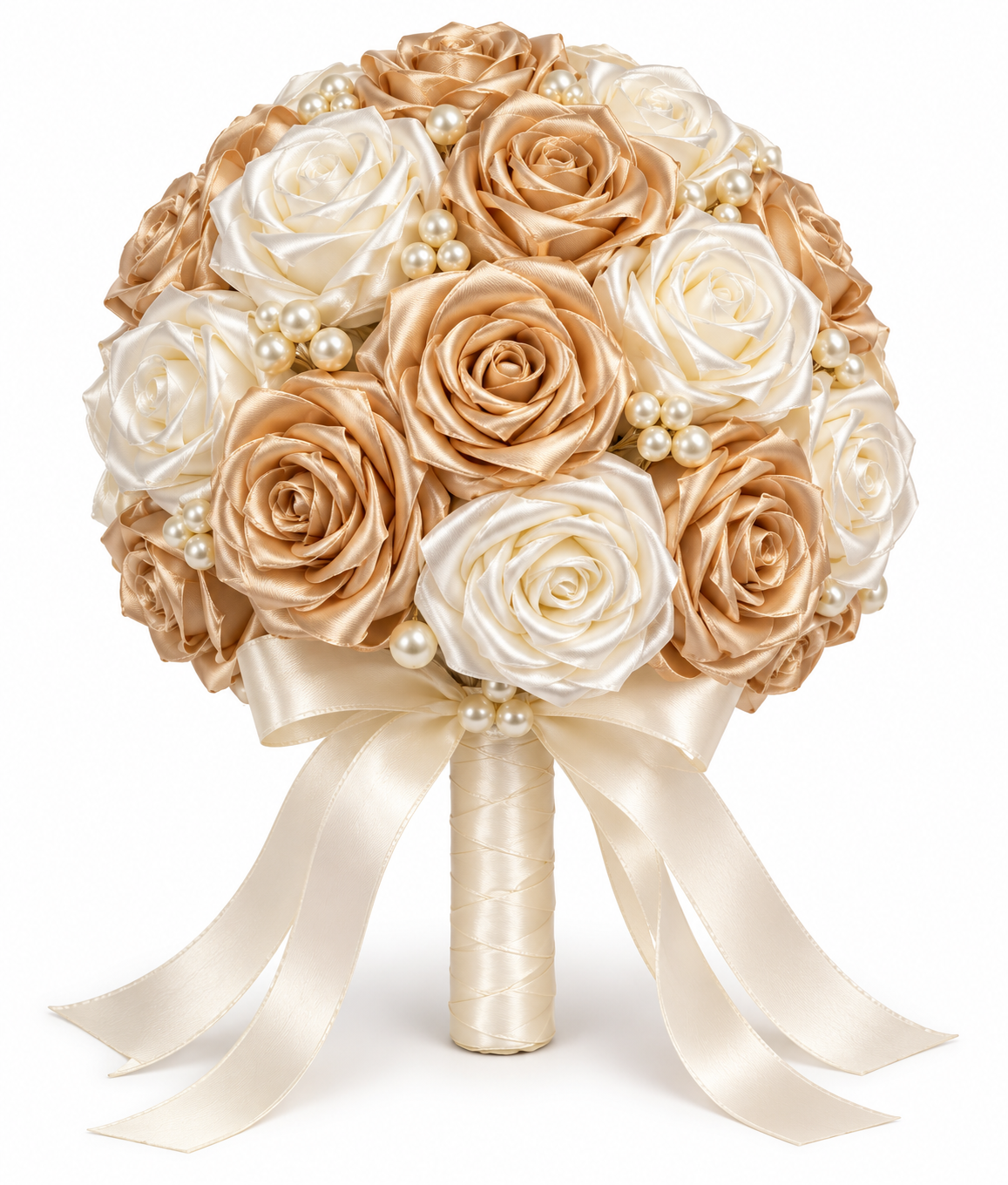 Ivory & champagne handmade satin rose bridal bouquet design reference