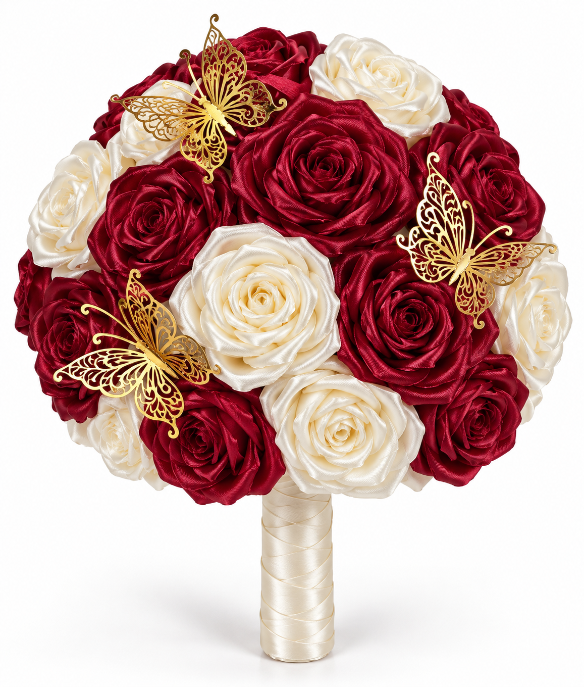 Burgundy & ivory handmade satin rose bridal bouquet design reference