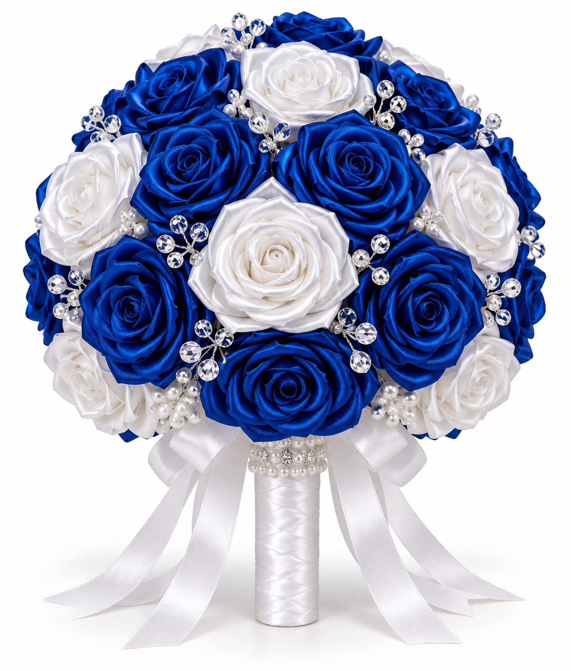 Royal blue & white handmade satin rose bridal bouquet design reference