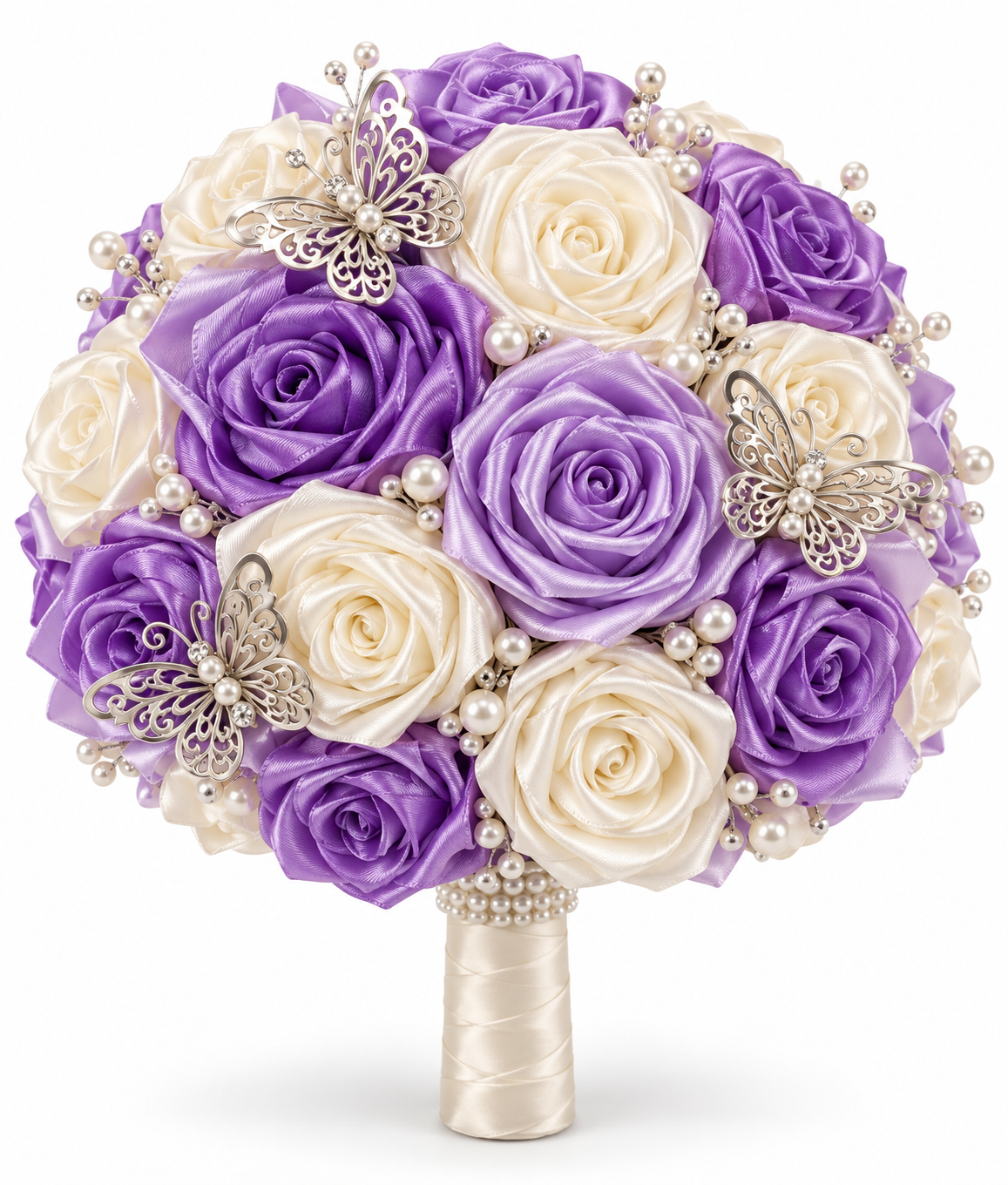 Lavender & ivory handmade satin rose bridal bouquet design reference