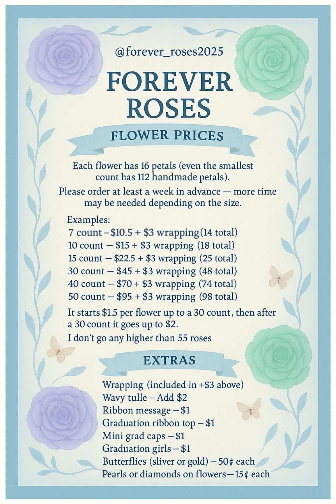 Forever Roses maker reference sheet listing bouquet sizes and decorative options