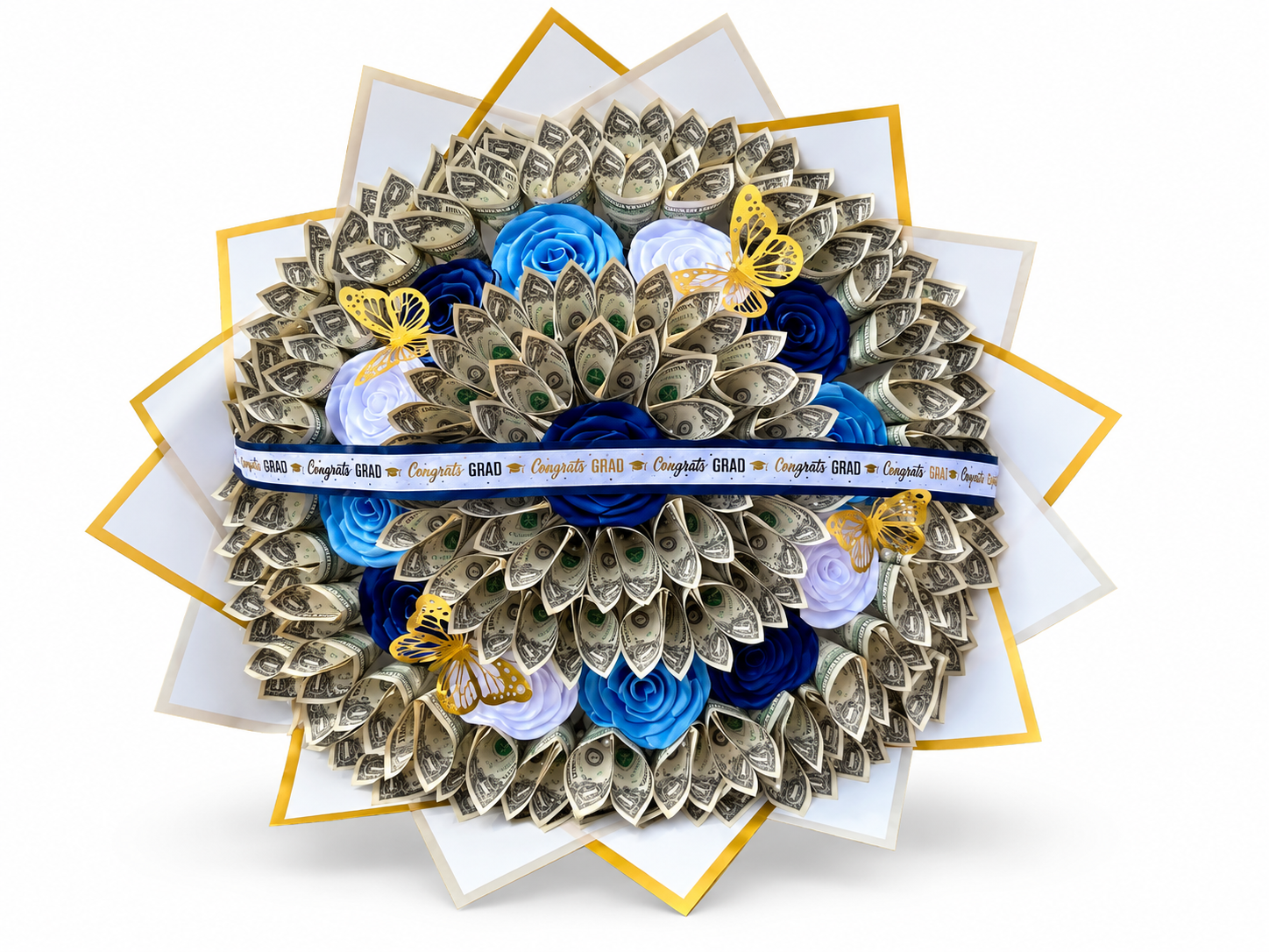 Handmade blue satin roses with folded money, gold butterflies and white wrapping