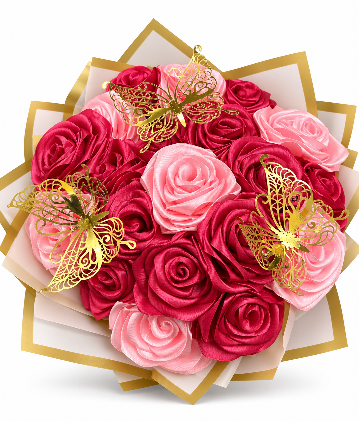 Handmade pink satin rose bouquet with gold butterflies