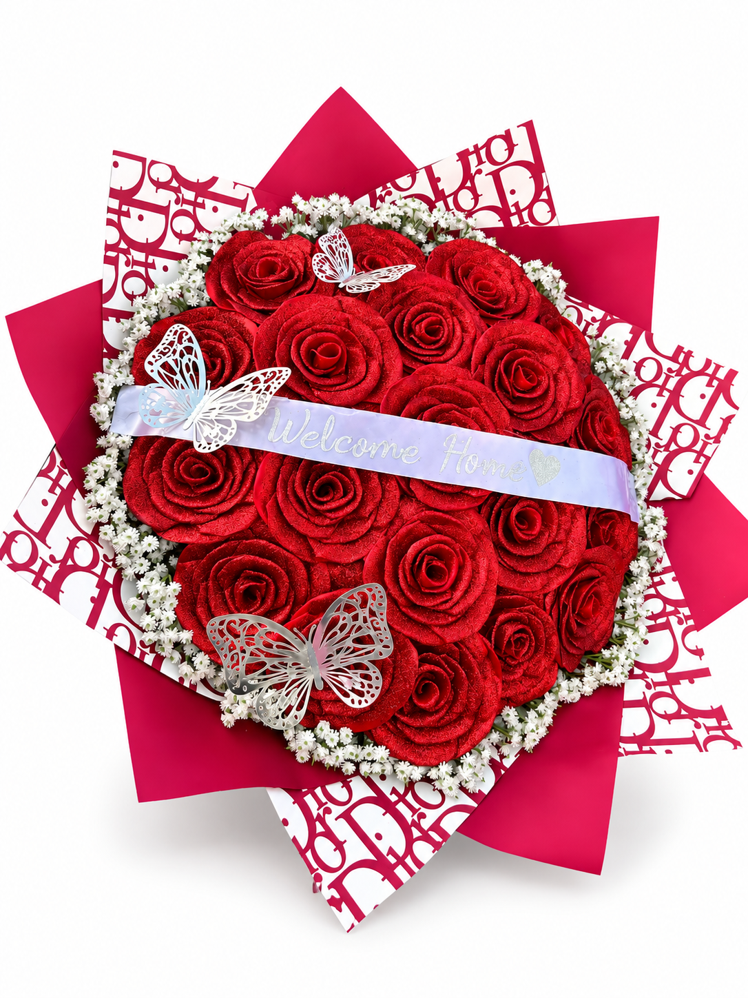 Red handmade satin rose bouquet with silver butterflies and ribbon