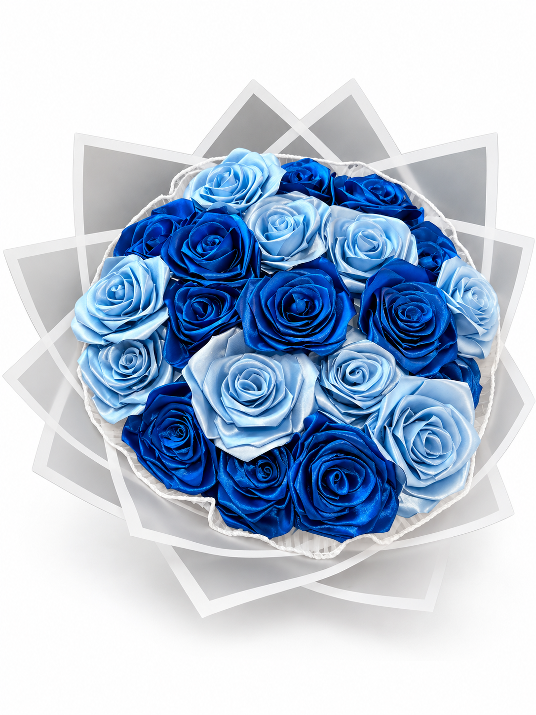 Blue handmade satin rose bouquet in white wrapping