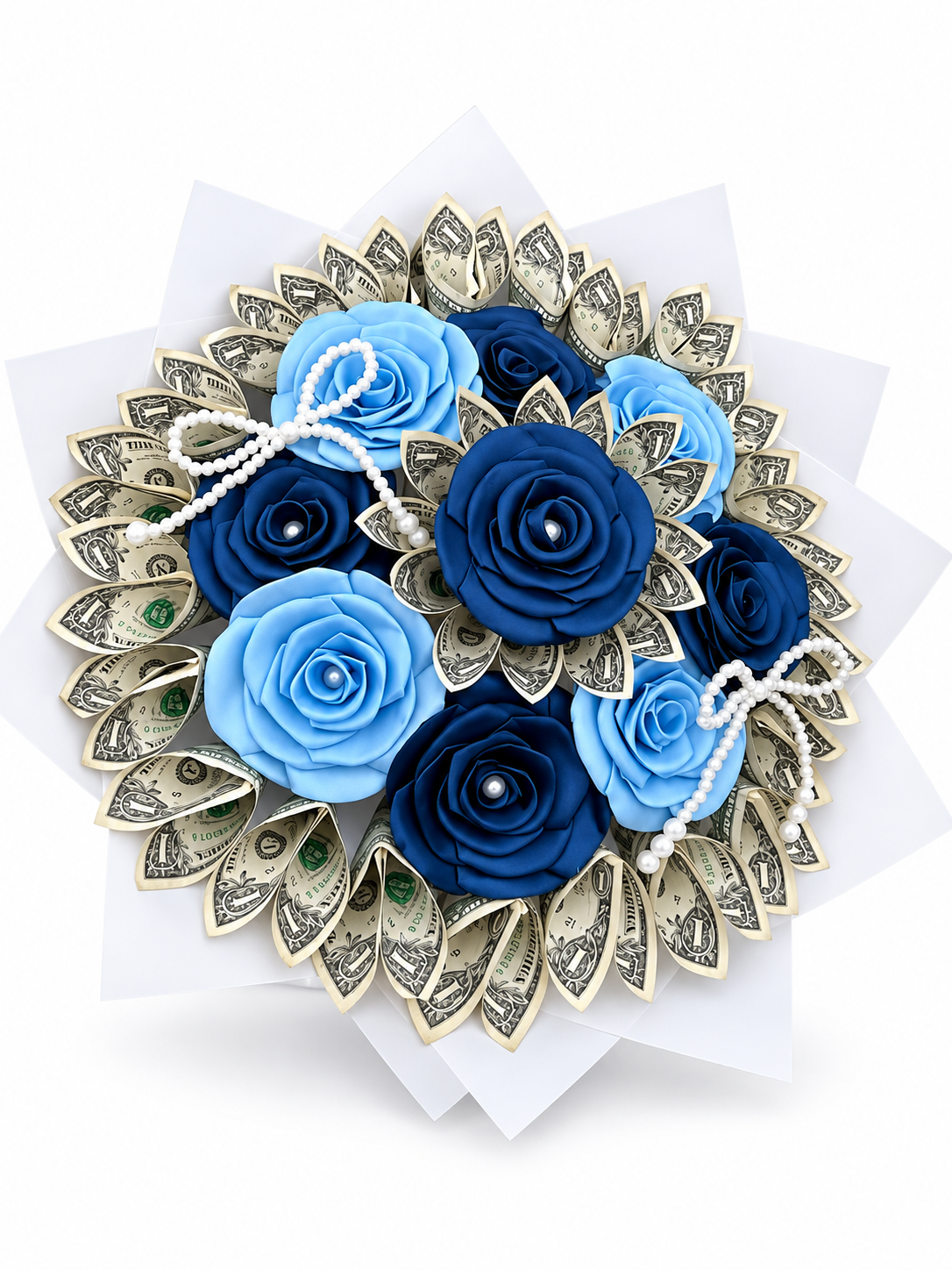 Blue satin roses with folded money and pearl accents