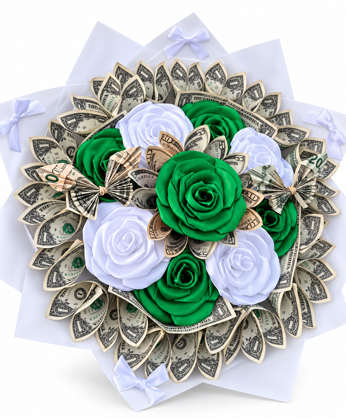 Emerald and ivory satin roses with folded money