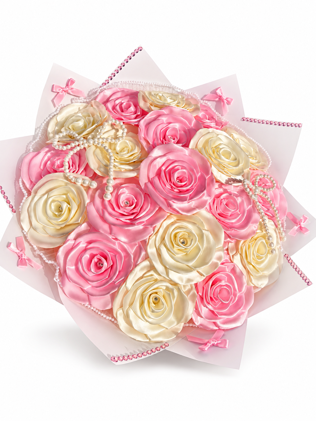 Pink and ivory satin roses with pearls and pink bows